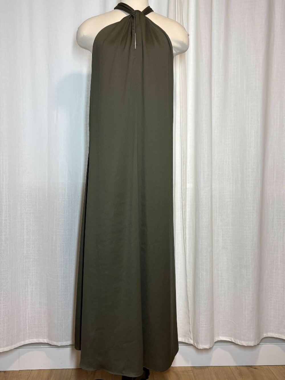 Olive Green Bridal Party Gown - Grecian halter Neckline - Gorgeous Fabric Sheen